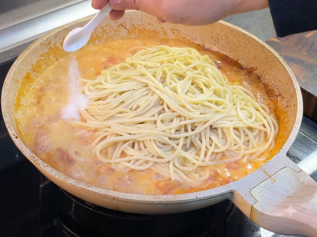 Une cuillerée de sel saupoudrée sur les spaghettis cuits reposant dans une sauce tomate crémeuse dans une poêle.