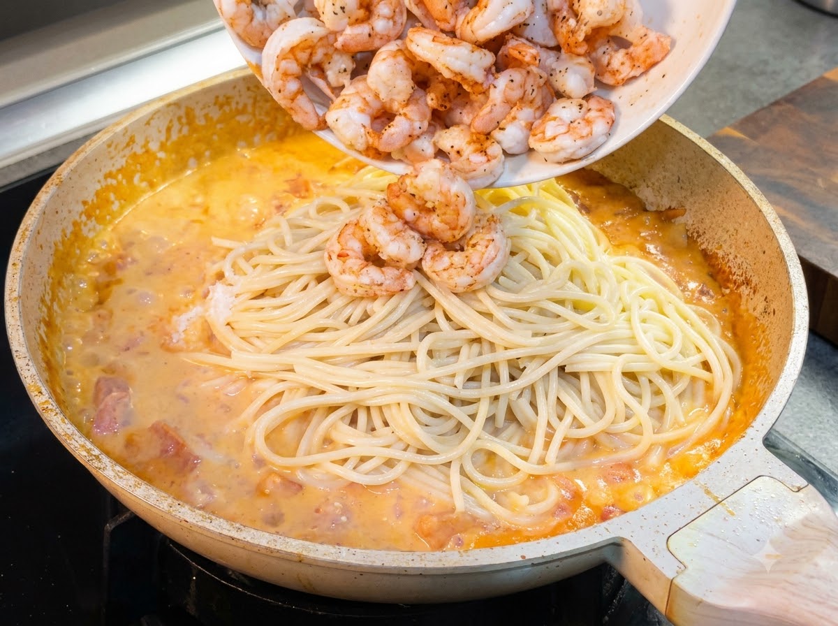 Crevettes sautées versées dune assiette blanche dans une poêle remplie de spaghettis et de sauce crémeuse.