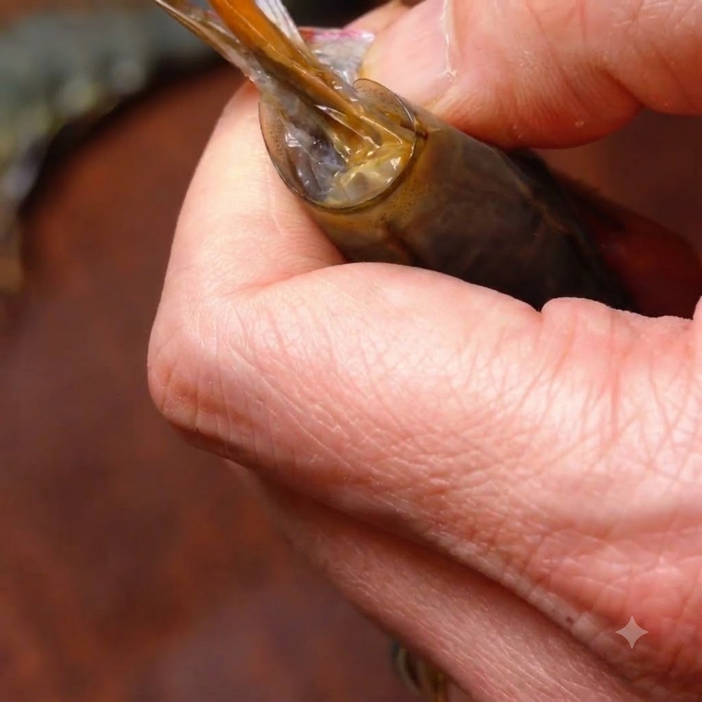 Gros plan de mains épluchant et déveinant une gambas crue sur une surface en bois sombre.