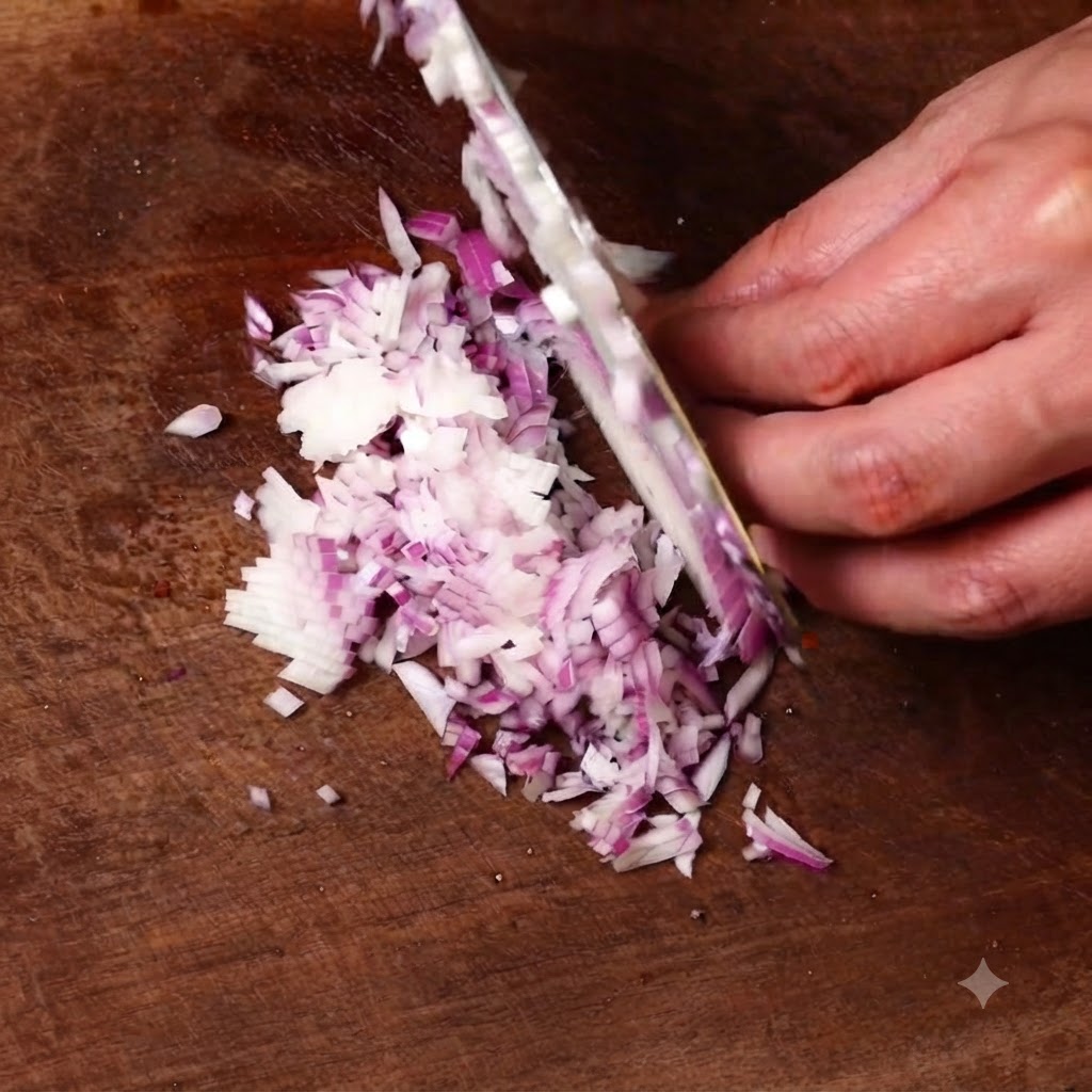 Une main utilisant un couteau de chef pour hacher finement un oignon rouge sur une planche à découper en bois.