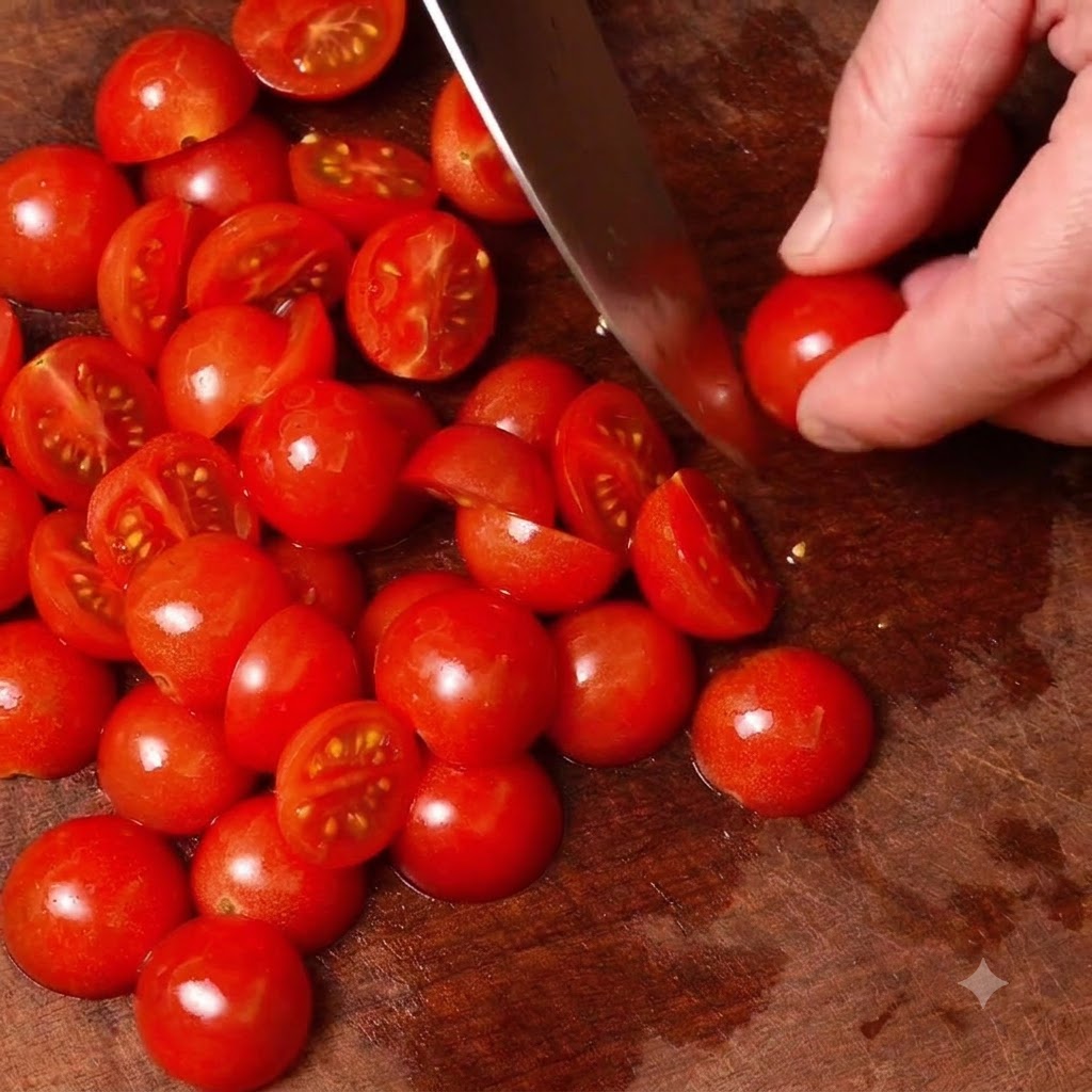 Des tomates cerises coupées en deux sur une planche à découper en bois avec un couteau.
