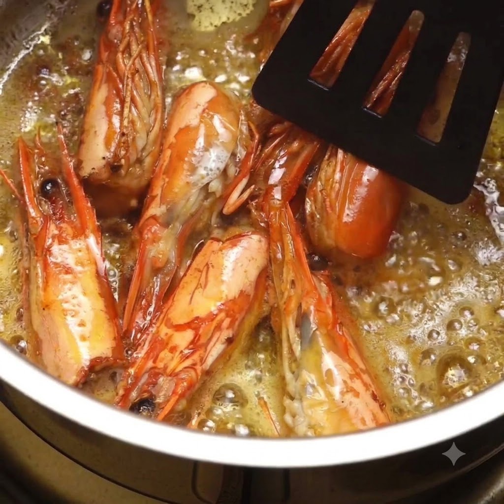 Des têtes de crevettes frisant dans de lhuile dolive bouillante à lintérieur dune casserole, écrasées avec une spatule noire.