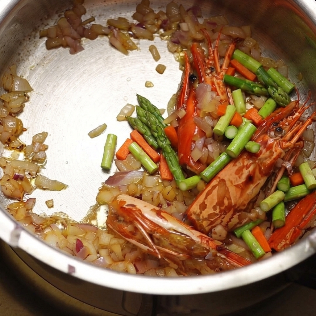 Des carottes et du céleri en dés ajoutés dans une casserole avec des aromates sautés et des têtes de crevettes.