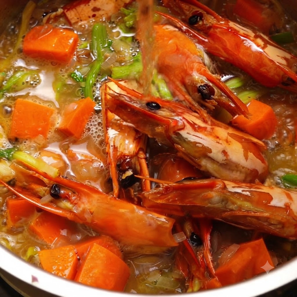 Du vin blanc versé par le haut dans une casserole de cuisson contenant des légumes et des têtes de crevettes.