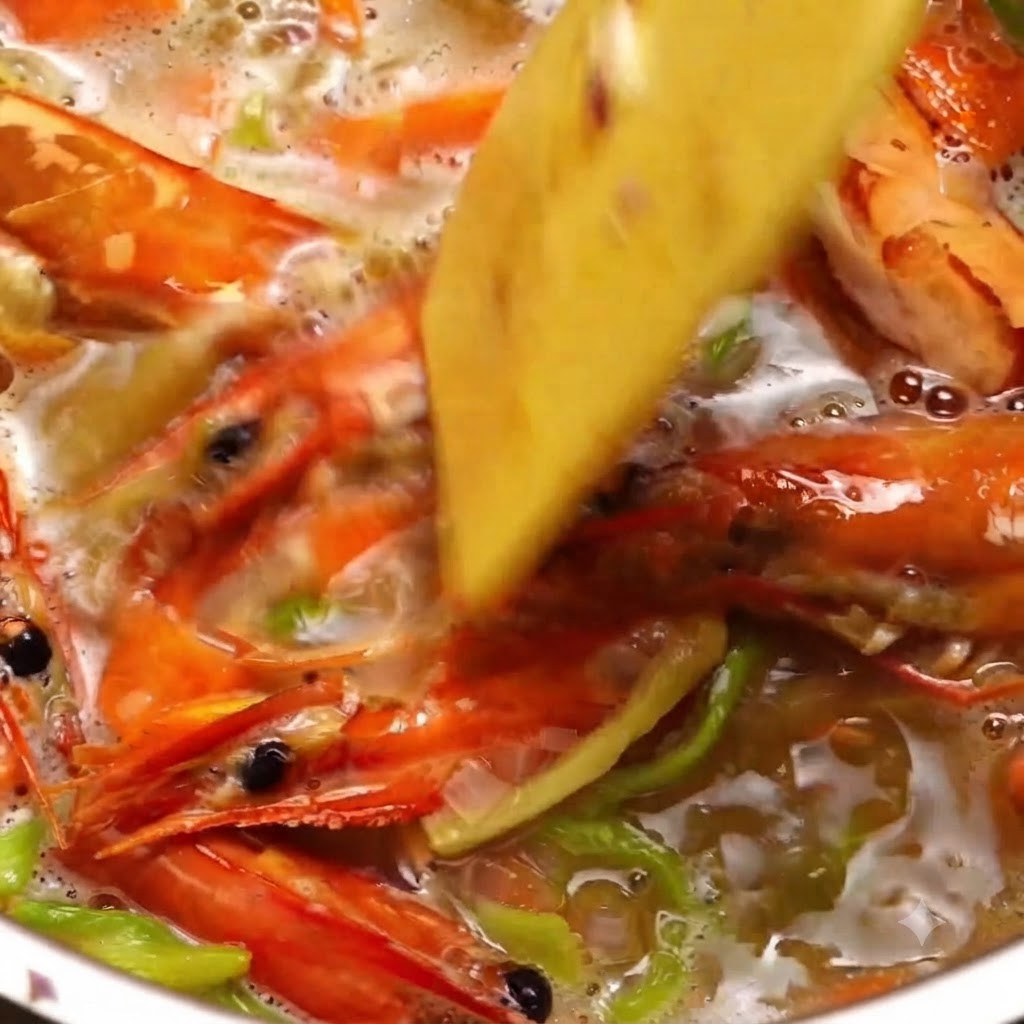 Des tomates pelées en boîte et de leau remuées dans une casserole de cuisson frémissante.