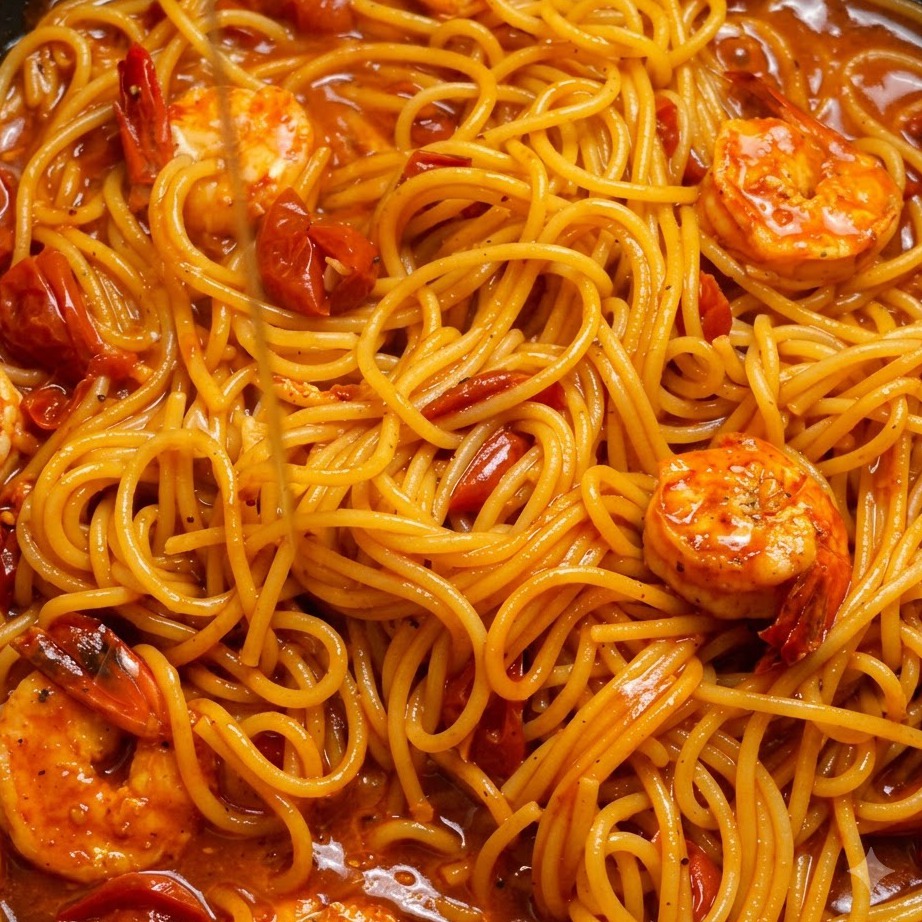 Des nouilles spaghetti et des crevettes cuites mélangées ensemble dans une riche sauce tomate rouge dans une poêle.