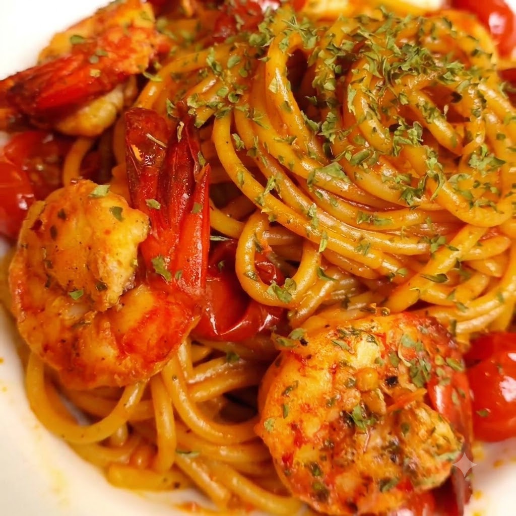 Une vue rapprochée de spaghetti aux crevettes et tomates servis dans une assiette et garnis de persil vert haché.