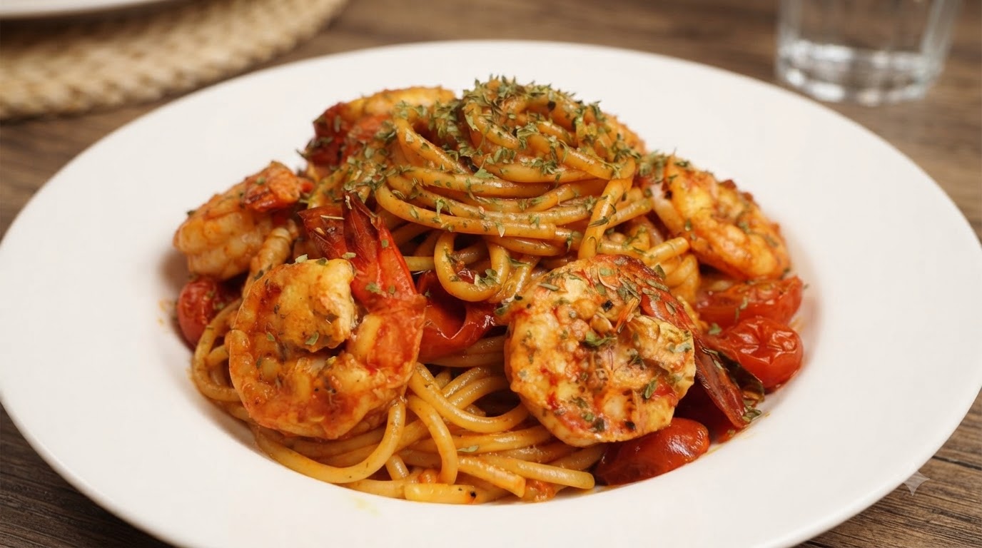 Spaghetti aux crevettes et tomates maison