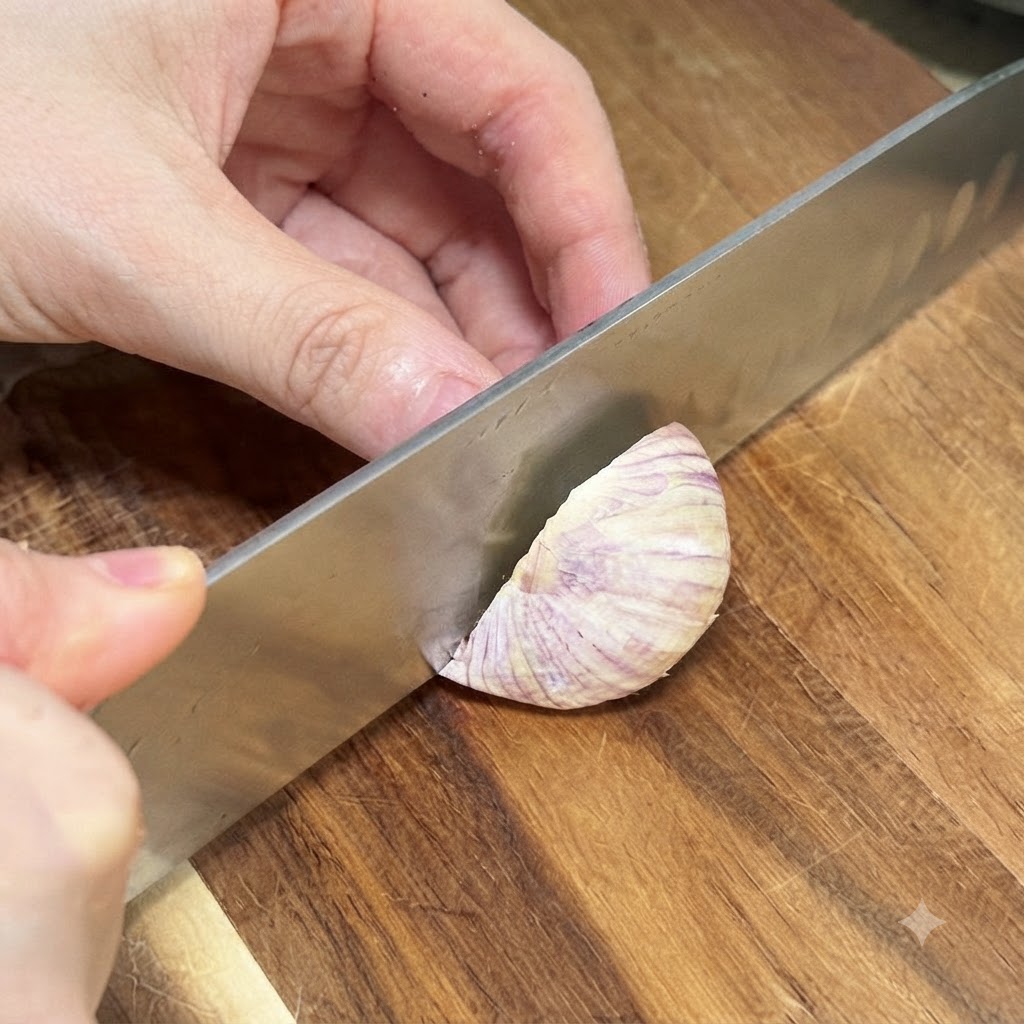 Gros plan de gousses dail coupées en petits morceaux sur une planche en bois.