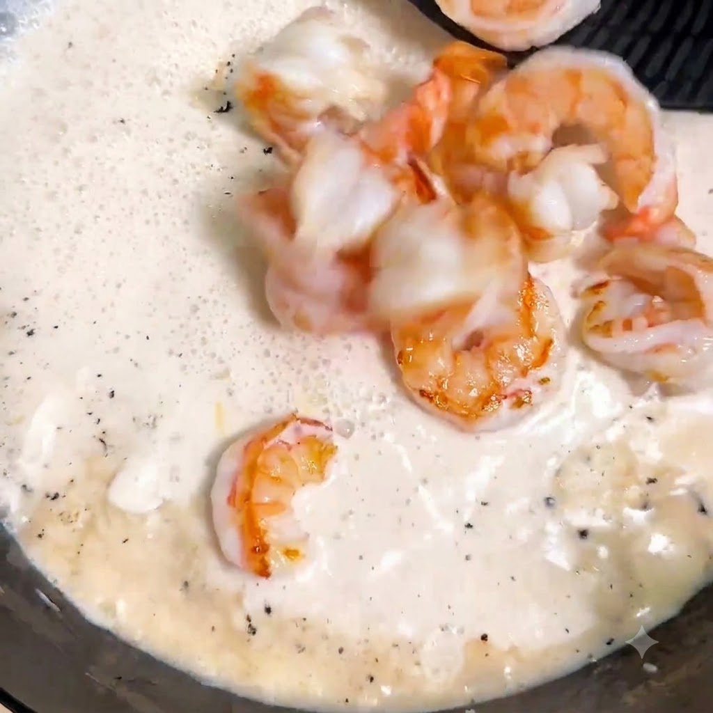 Des crevettes cuites et des spaghettis bouillis mélangés dans la sauce à la crème frémissante dans une poêle.