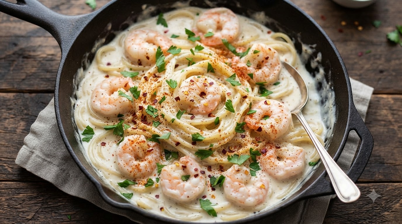 Pâtes Crémeuses aux Crevettes et à l'Ail