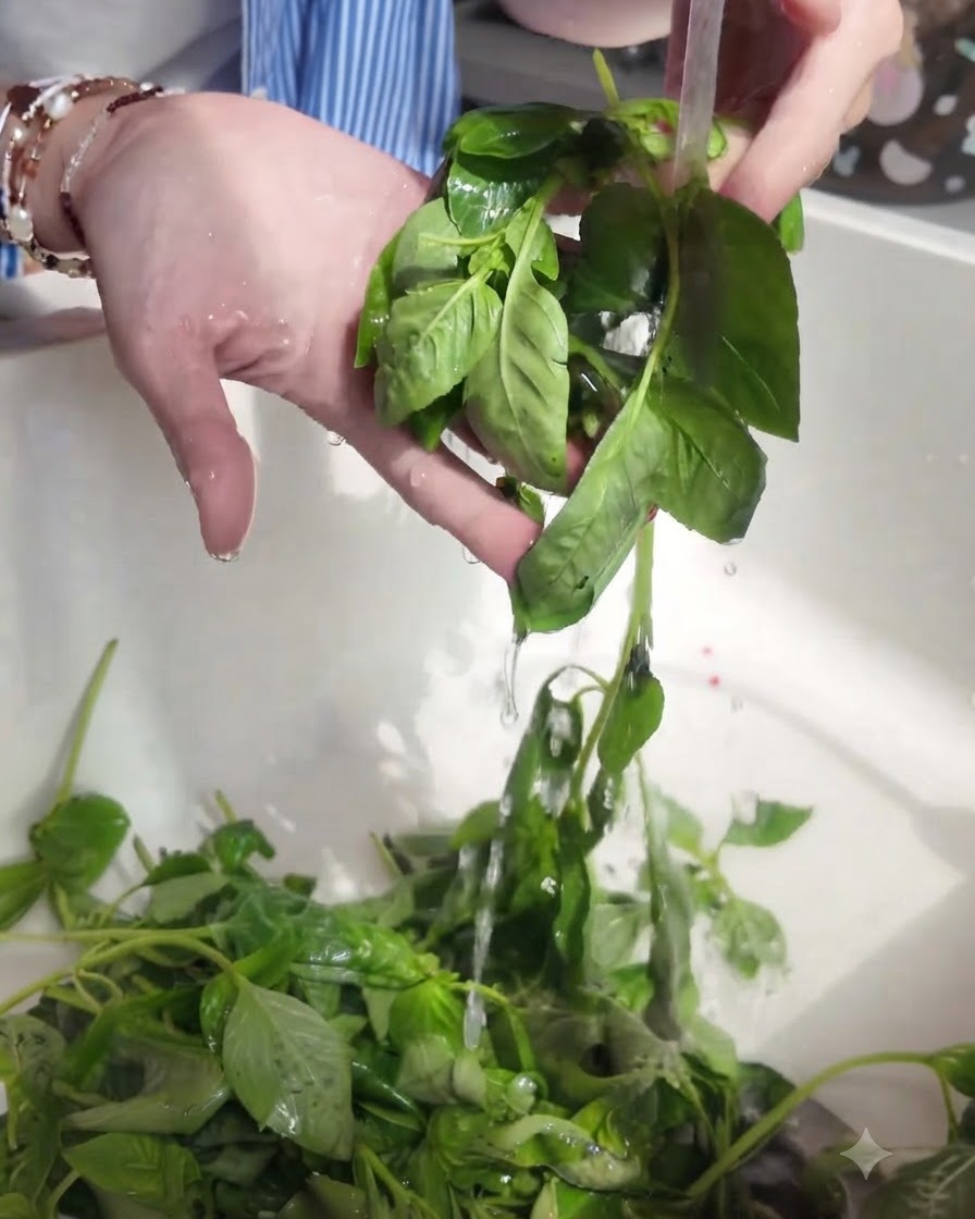 Feuilles de basilic vert frais rincées soigneusement sous un robinet de cuisine.