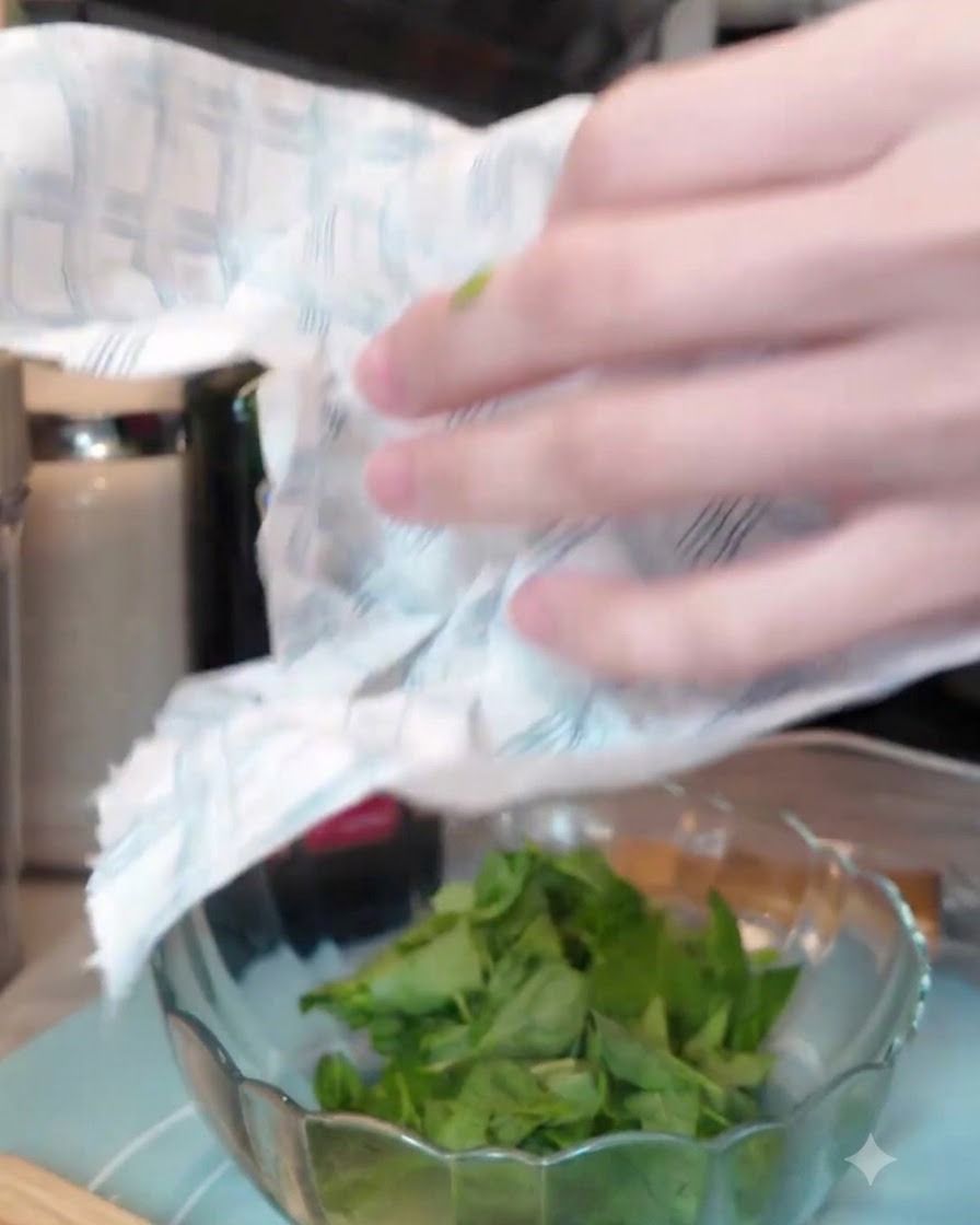 Une personne utilisant des essuie-tout de cuisine pour éponger soigneusement des feuilles de basilic vert frais dans un bol en verre.