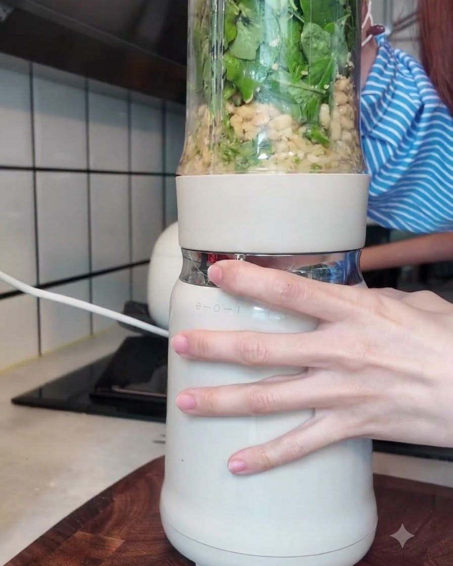 Un mixeur en train de transformer le basilic, les noix, le fromage et lhuile en une sauce verte lisse et éclatante.