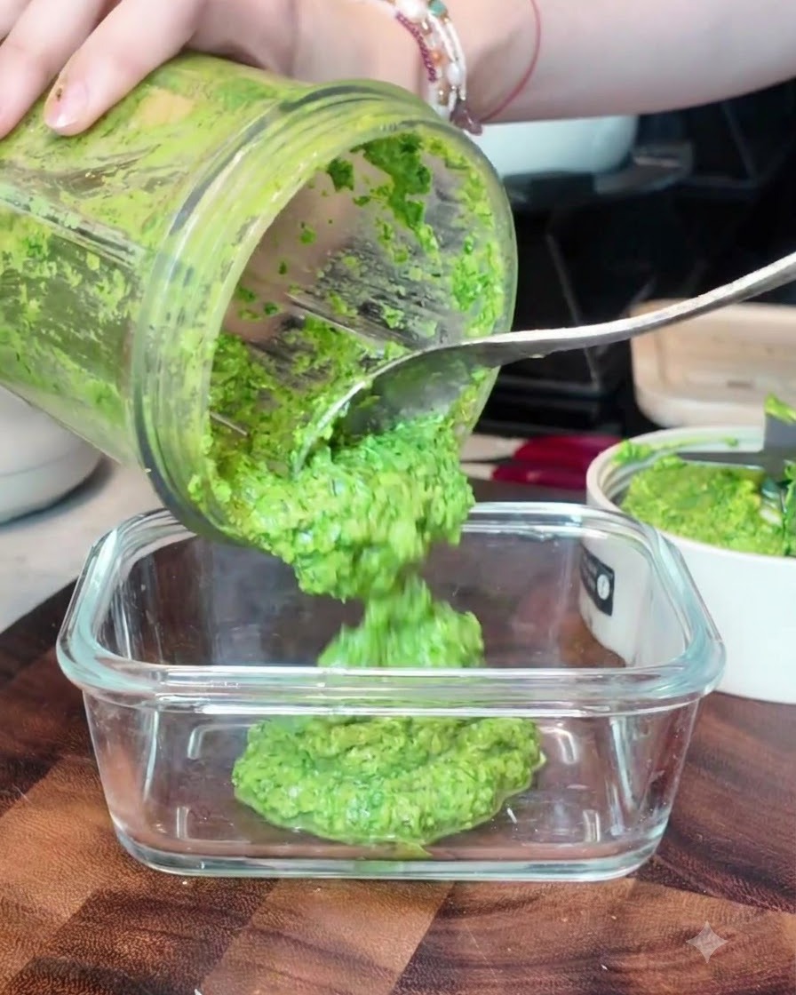 Pesto de basilic vert vibrant récupéré dun bol de mixeur pour être mis dans un récipient de stockage en verre transparent à laide dune cuillère.