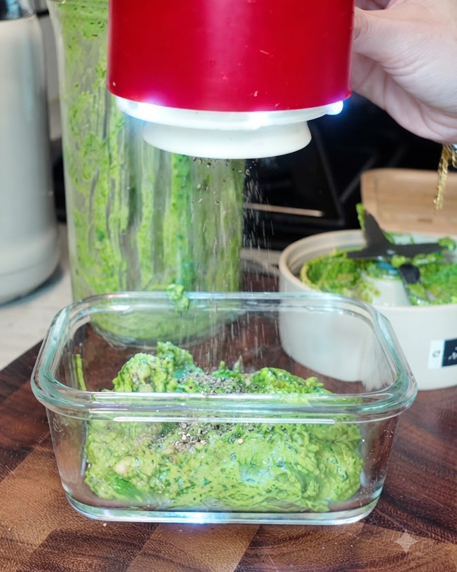 Poivre noir et sel de mer saupoudrés dun shaker rouge sur le pesto de basilic vert dans un plat rectangulaire en verre.