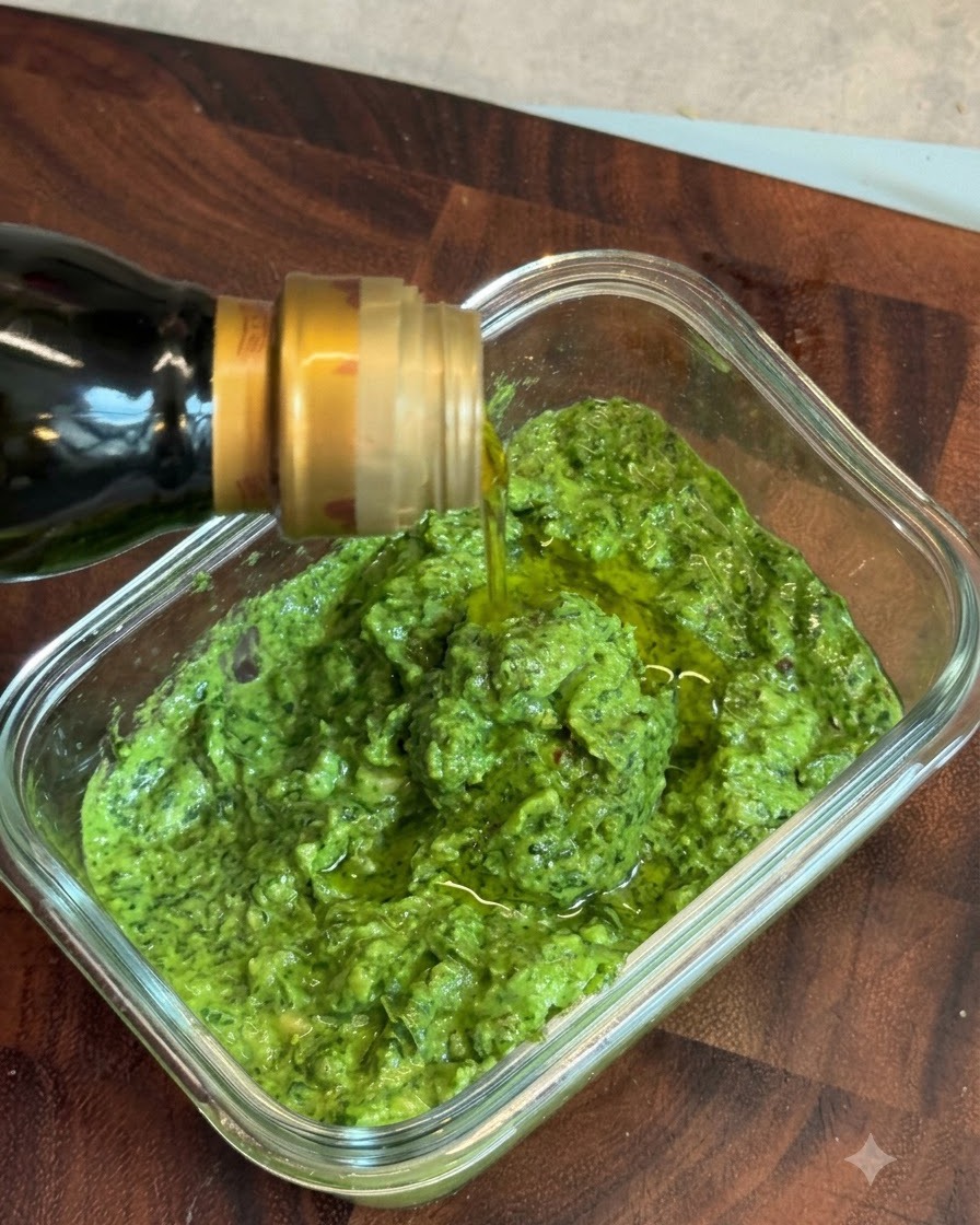 Huile dolive versée dune bouteille en verre pour former une couche protectrice sur le pesto de basilic vert vibrant.