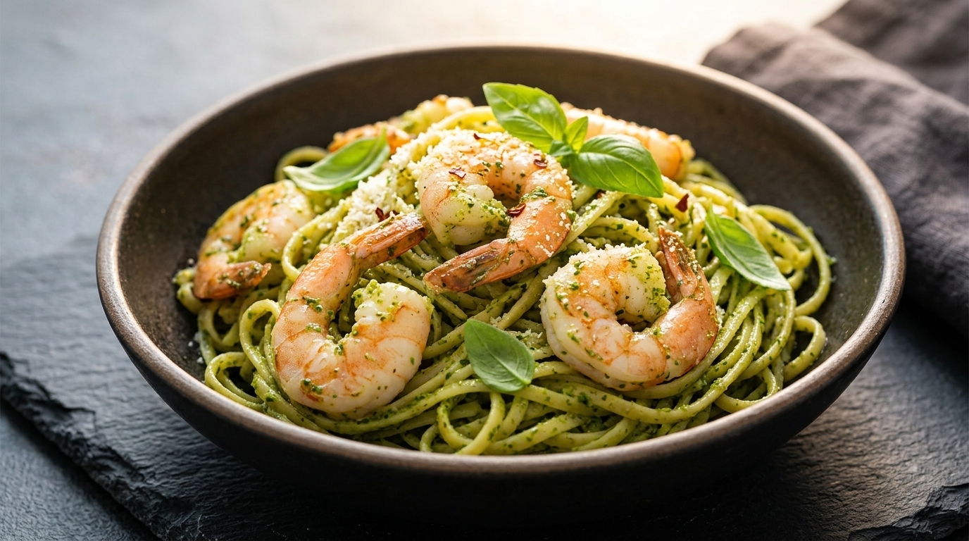 Pâtes au Pesto de Basilic et Crevettes