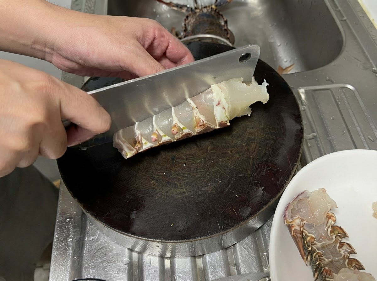 Un grand hachoir en métal tranchant à travers une queue de homard crue sur une planche à découper ronde et sombre pour créer des morceaux épais et réguliers.