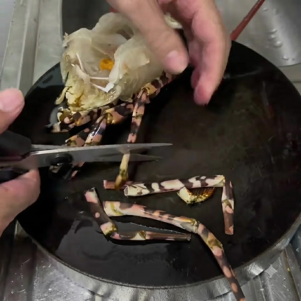 Ciseaux de cuisine coupant les petites pattes dune portion de tête de homard crue reposant sur une assiette sombre.