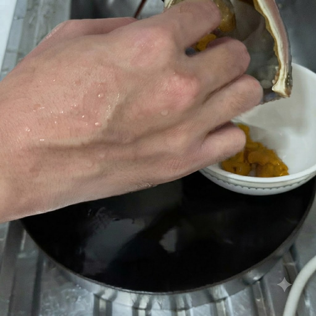 Mains récupérant la pâte de homard jaune de la cavité de la tête du homard dans un petit bol blanc.