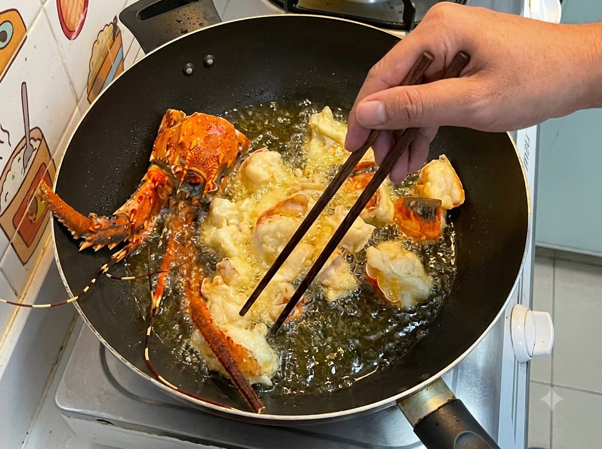 Morceaux de homard enrobés et carapace en train de frire dans de lhuile chaude et bouillante à lintérieur dun wok.