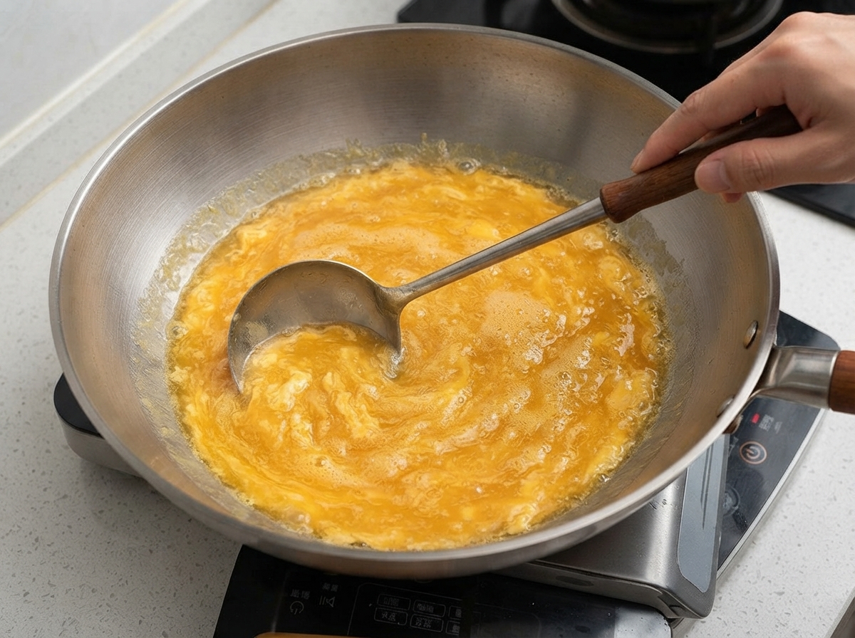 Une louche remuant une sauce au fromage bouillante et jaune doré vif à lintérieur dun wok.