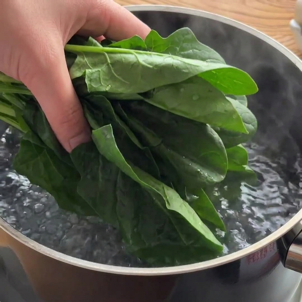 Une main tenant des feuilles dépinards frais et les plongeant dans une casserole deau bouillante.