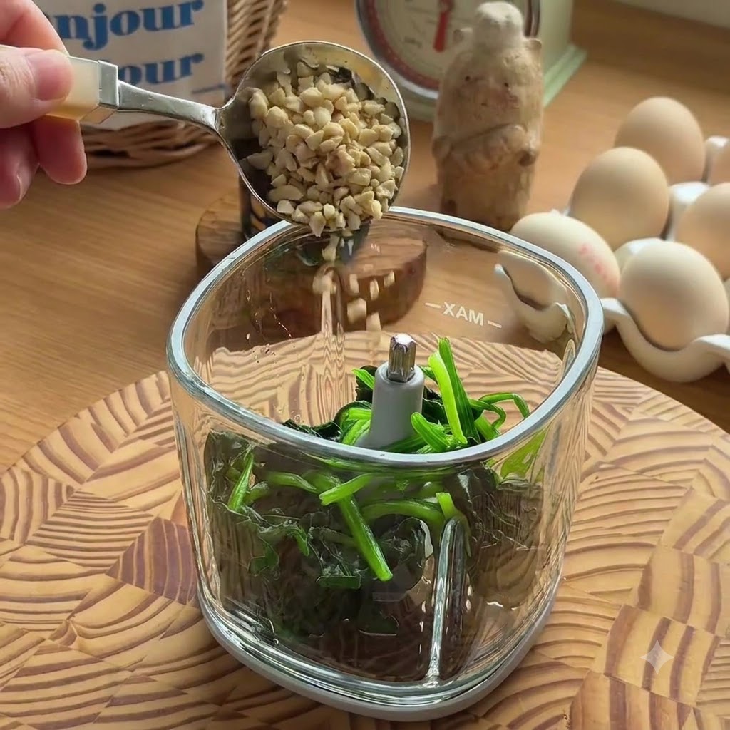 Une cuillère en métal versant des noix concassées de couleur claire dans un robot culinaire contenant les épinards blanchis.