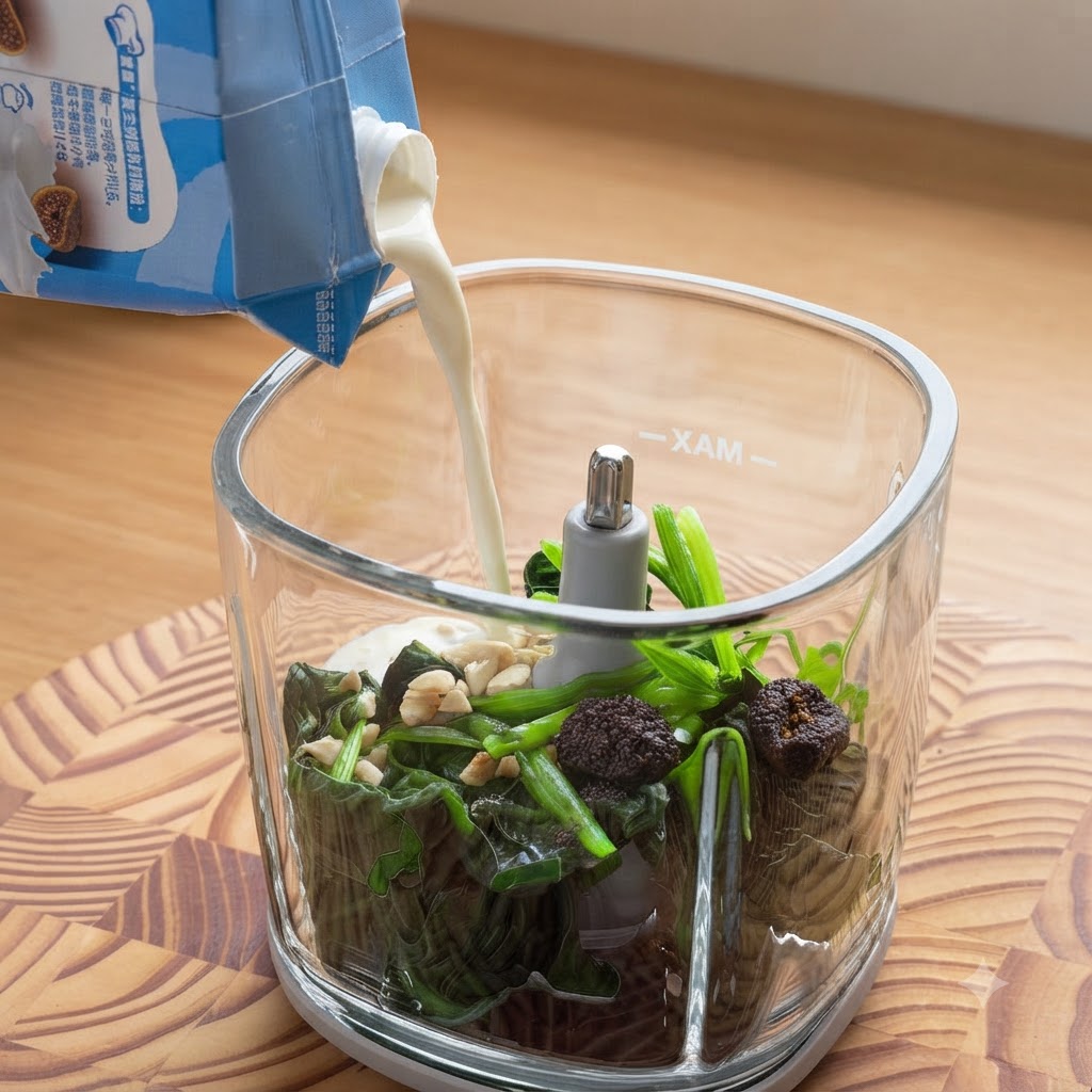 De la crème liquide versée dune brique dans un robot culinaire en verre rempli de verdure et de fruits à coque.