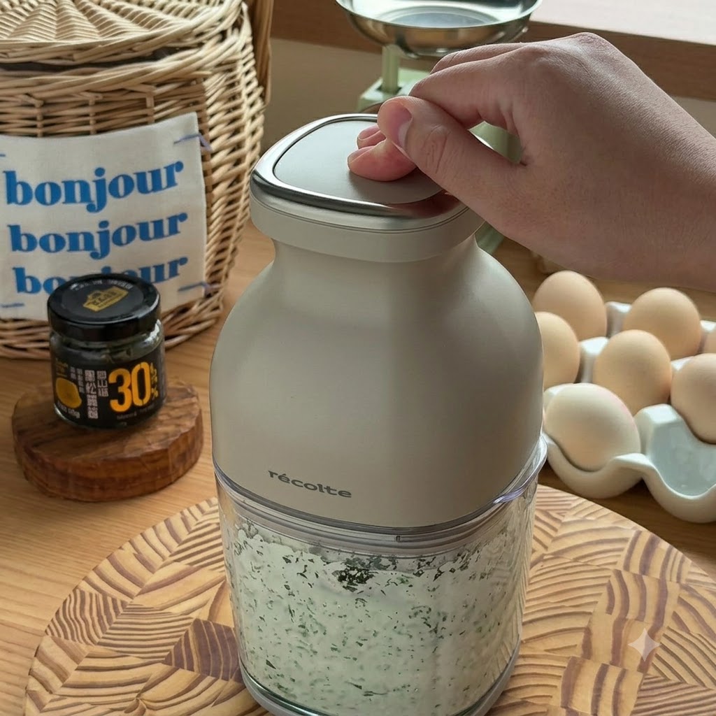 Une main appuyant sur le couvercle dun robot culinaire beige alors quil réduit les ingrédients en une sauce verte.
