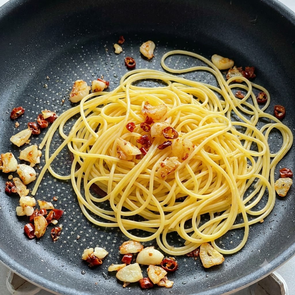 Des spaghettis cuits dans une poêle aux côtés dail sauté et de morceaux de piment.