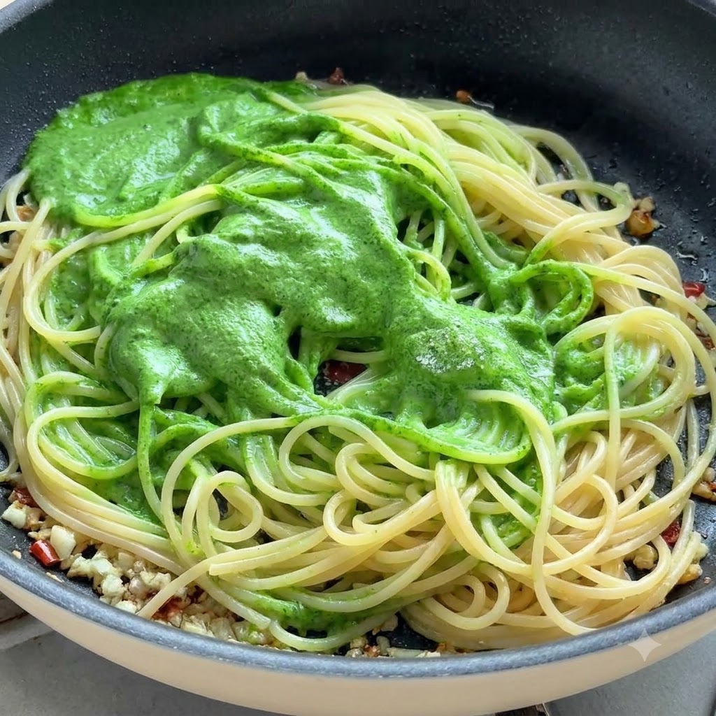 Des spaghettis et de la sauce pesto verte mélangés et remués dans une poêle à laide de pinces de cuisine.