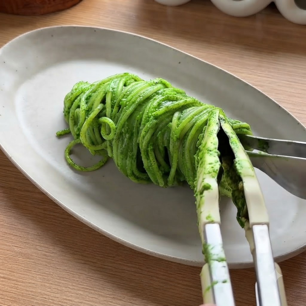 Des pinces tenant et dressant une portion de spaghettis au pesto vert soigneusement enroulée sur une assiette ovale blanche.