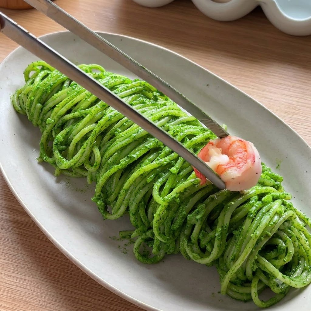 Une paire de pinces disposant une crevette rose cuite sur le dessus de spaghettis au pesto vert dressés.