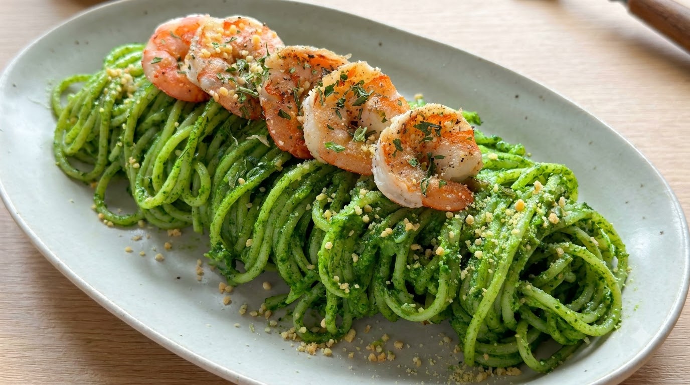 Une assiette de spaghettis au pesto vert vif surmontée de crevettes poêlées et de fromage râpé