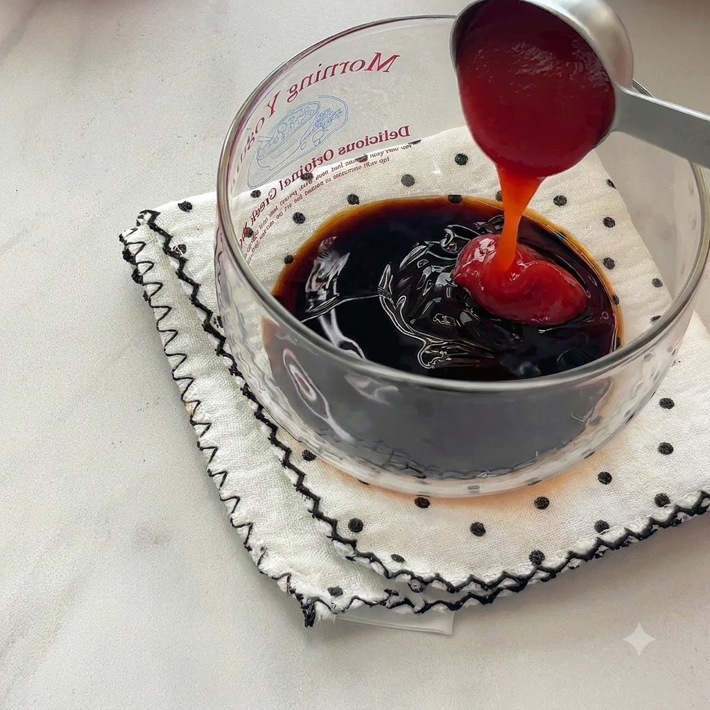 Du ketchup rouge versé dune cuillère en métal dans un bol transparent rempli de sauce soja foncée.