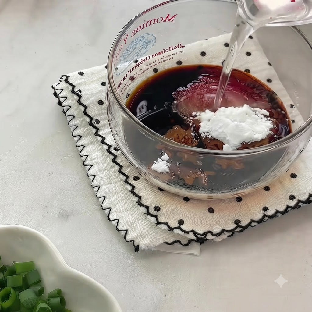 De leau versée dans un bol en verre contenant de la sauce soja, des assaisonnements et de la fécule de maïs.