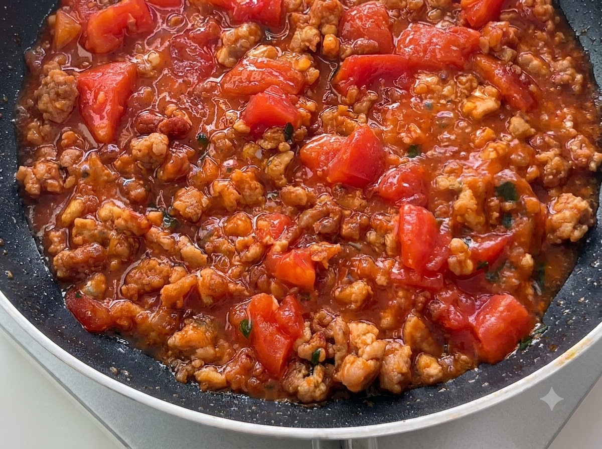 Des dés de tomates rouges mélangés à de la viande hachée cuite mijotant dans une poêle.