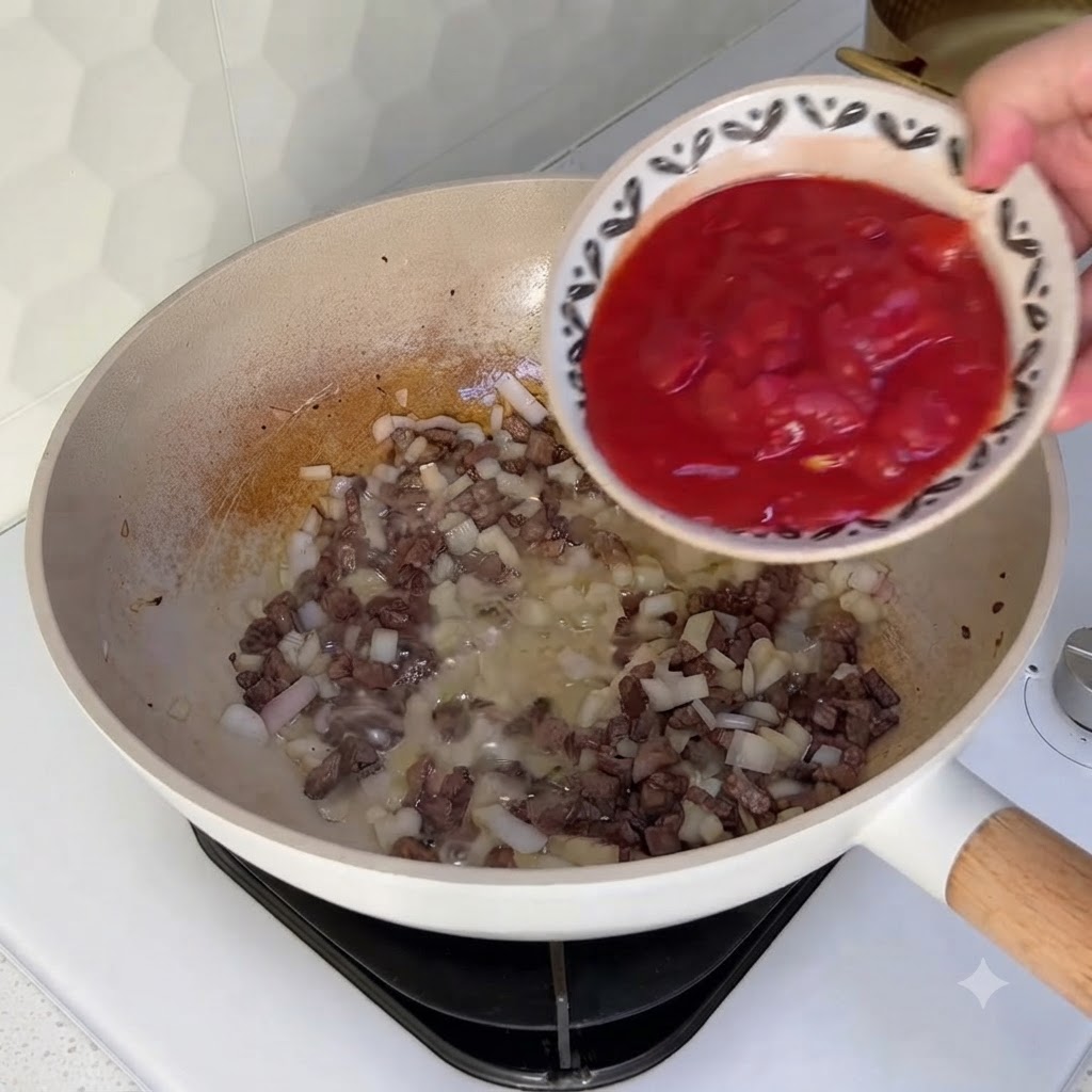 Petit bol versant des dés de tomates rouges dans le wok avec le bœuf et les oignons.
