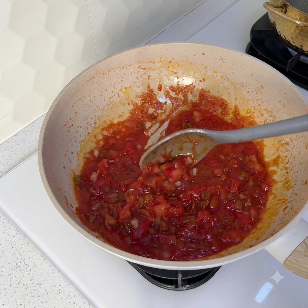 Cuillère de cuisine grise remuant un mélange épais de tomates rouges et de bœuf à lintérieur dun wok.