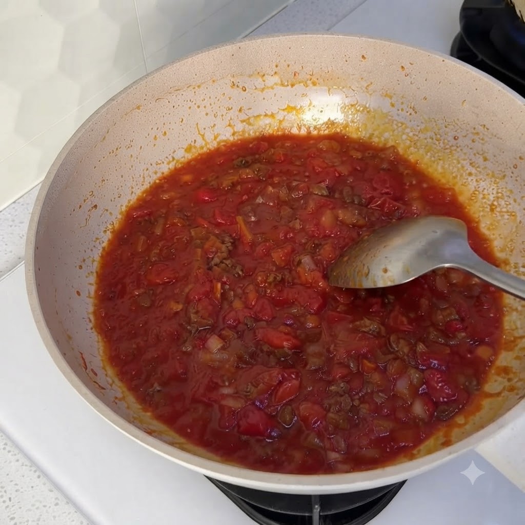 Vue rapprochée de la sauce tomate rouge frémissante à lintérieur du wok.