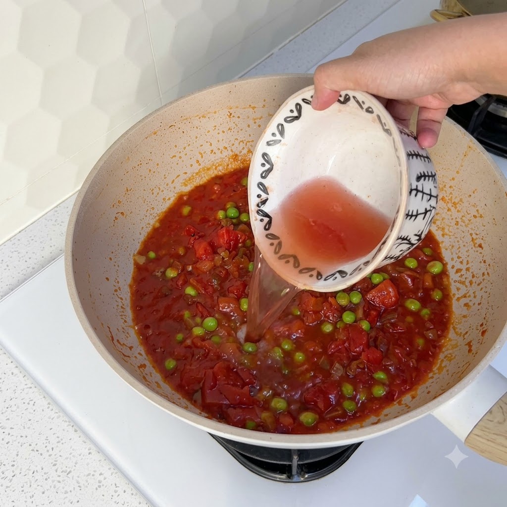 Petit bol versant de leau dans le wok rempli de sauce tomate et de petits pois.