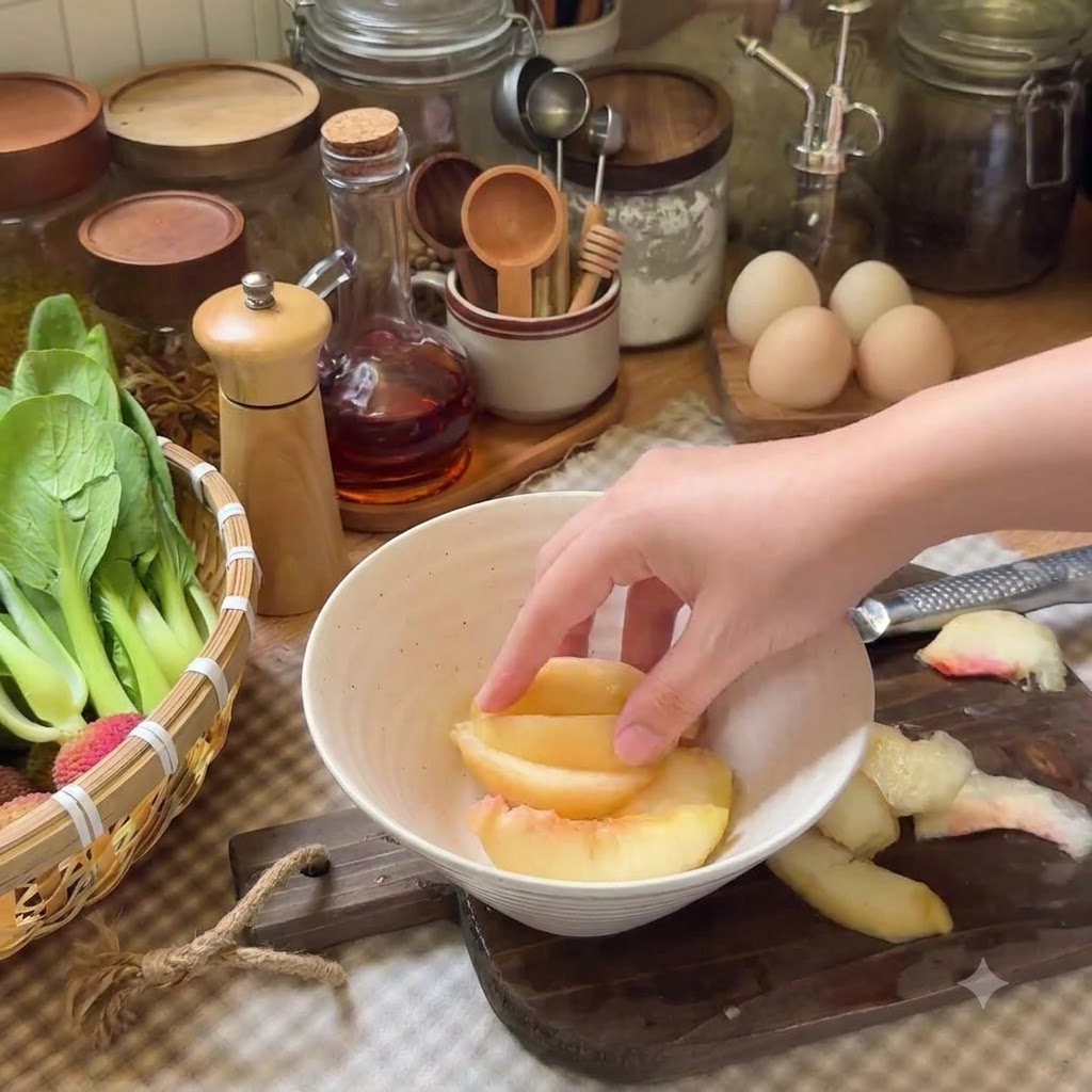 Tranches de pêche dans un bol mélangées avec de la poudre de thé noir, du jus de citron et du sirop dérable.