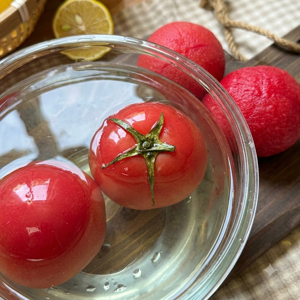 Tomates congelées trempant dans un bol en verre deau tiède avec des tomates pelées à proximité sur une planche en bois.