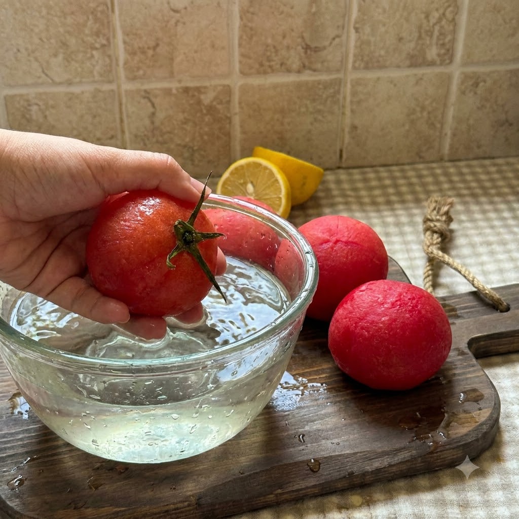Tomates pelées en train dêtre coupées en petits morceaux sur une planche à découper en bois.