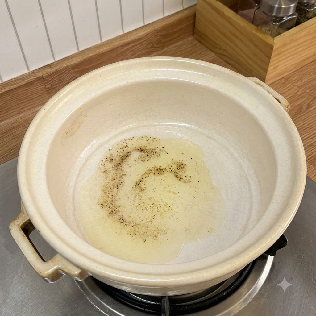 Ail émincé crépitant dans lhuile chaude à lintérieur dune marmite en céramique sur une plaque de cuisson.