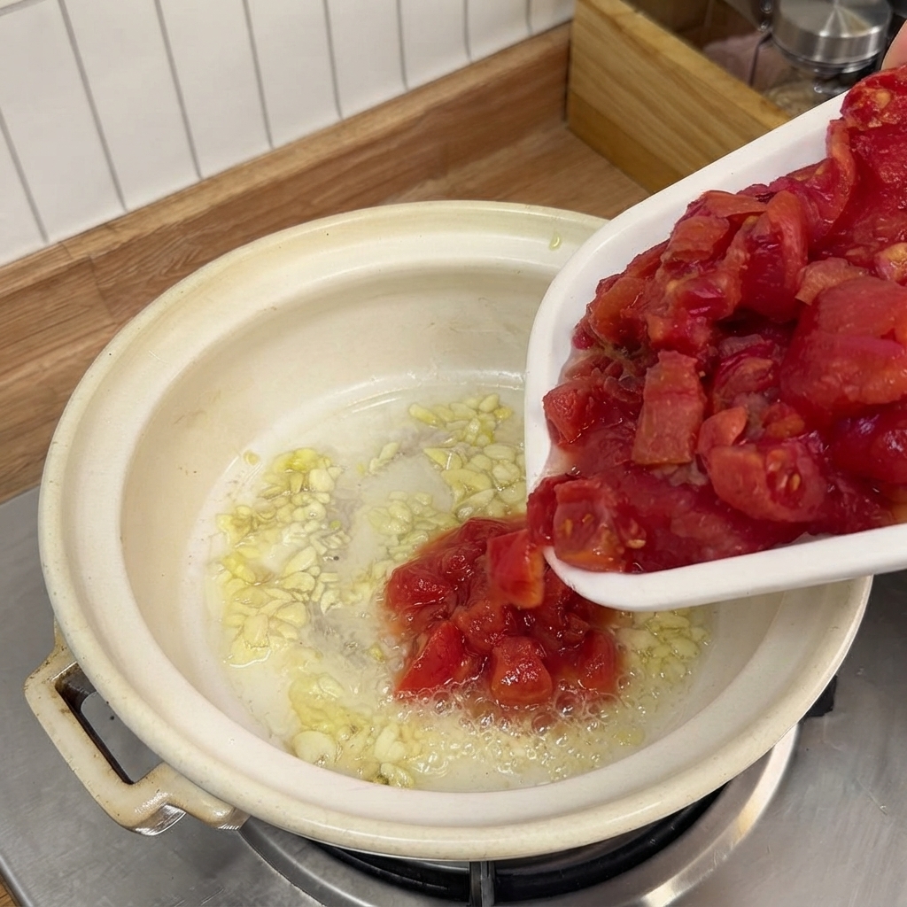Tomates hachées versées depuis une assiette blanche dans une marmite contenant de lail sauté.