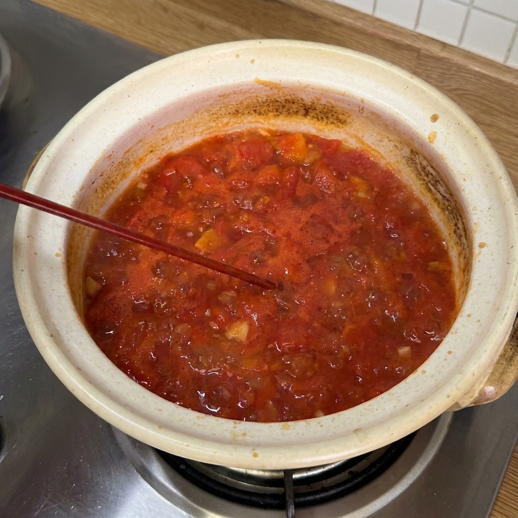 Différentes sauces et assaisonnements versés et mélangés dans la base de tomate bouillante.