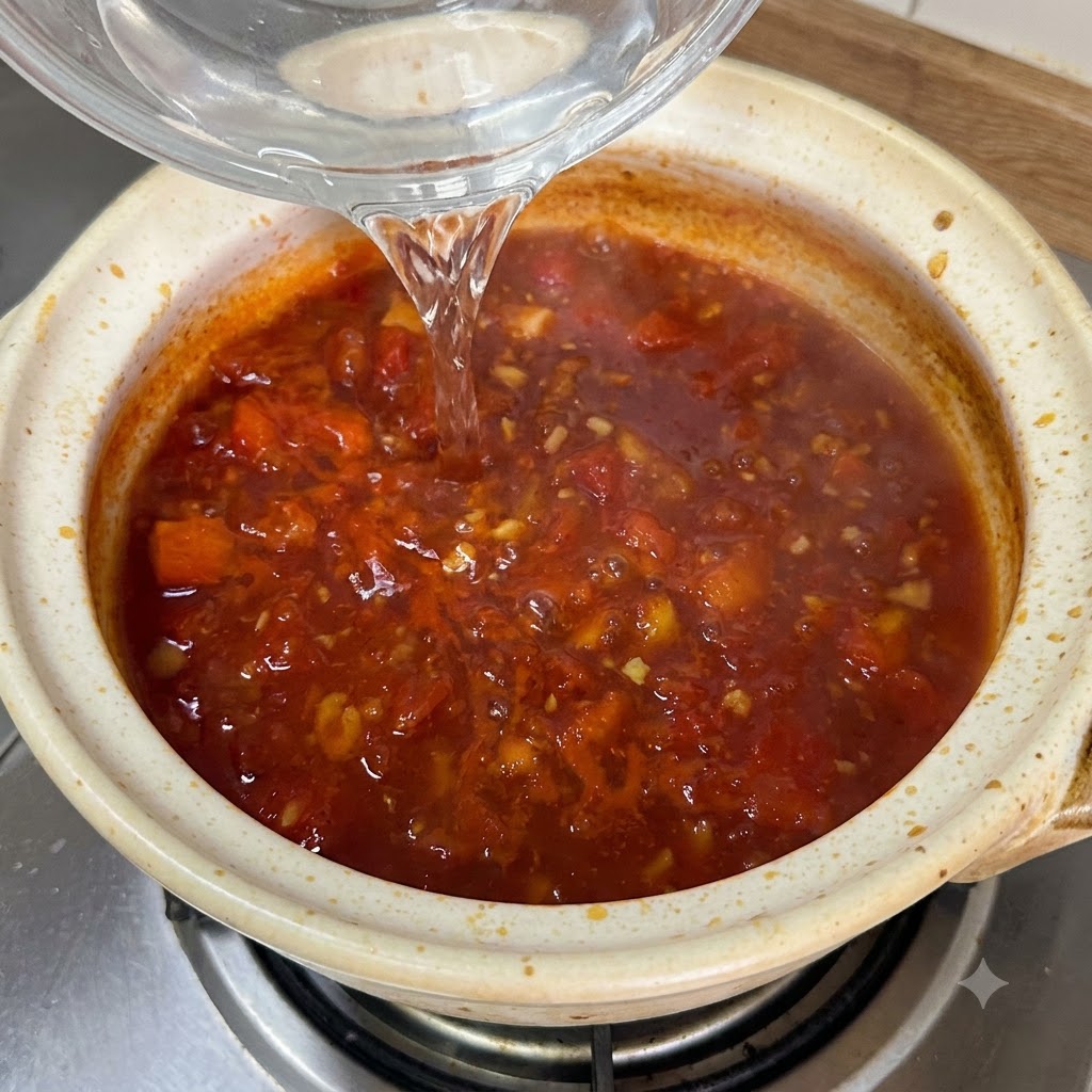 Nouilles fraîches cuisant dans le bouillon de tomate bouillonnant à lintérieur de la marmite en céramique.
